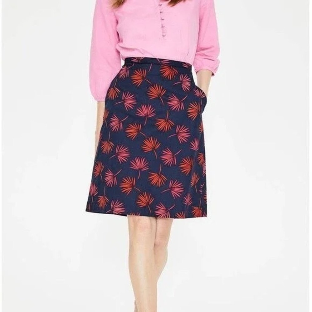 Boden NWOT  Navy Printed Palm ALine Cotton Skirt, fully lined, 4R, MSRP $89